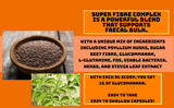 Super Fibre Complex psyllium husks, sugar beet fibre, glucommanan, L-Glutamine, FOS, viable bacteria, herbs, and stevia leaf