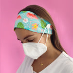 Headband Mask Holder with Buttons 100% Cotton Flamingo