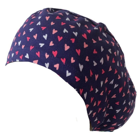 Long Hair Surgical Cap with Elastic Band - Navy Blue Hearts