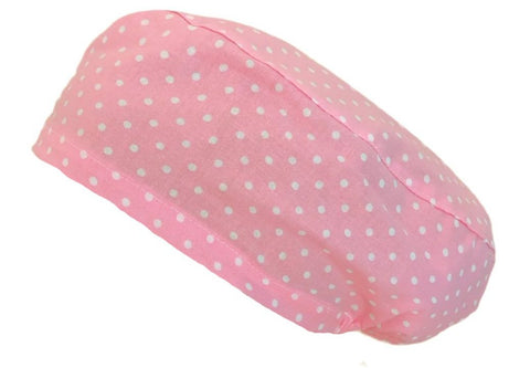 Long Hair Surgical Cap with Elastic Band - Dots over Pink