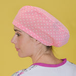 Long Hair Surgical Cap with Elastic Band - Dots over Pink