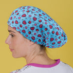 Long Hair Surgical Cap with Elastic Band - Hearts and Mushrooms