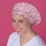 Long Hair Surgical Cap with Elastic Band - Hearts over White