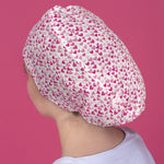 Long Hair Surgical Cap with Elastic Band - Hearts over White