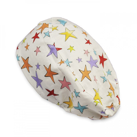 Long Hair Surgical Cap with Elastic Band - Stars in White