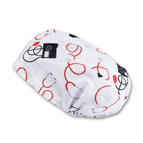 Long Hair Surgical Cap with Elastic Band - Stethoscope Printed