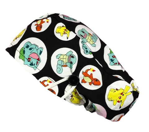 Long Hair Surgical Cap with with Buttons and Elastic Band - Black Pokemon