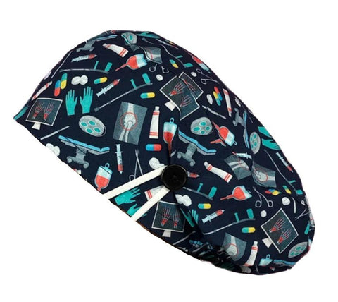 Long Hair Surgical Cap with with Buttons and Elastic Band - Navy Blue Instruments