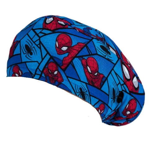 Long Hair Surgical Cap with with Buttons and Elastic Band - Blue Spiderman