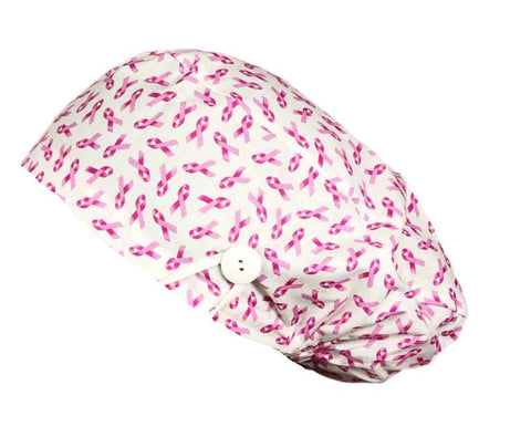 Long Hair Surgical Cap with with Buttons and Elastic Band - Pink Bow Breast Cancer