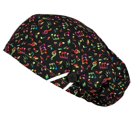 Long Hair Surgical Cap with with Buttons and Elastic Band - Coloured Musical Notes