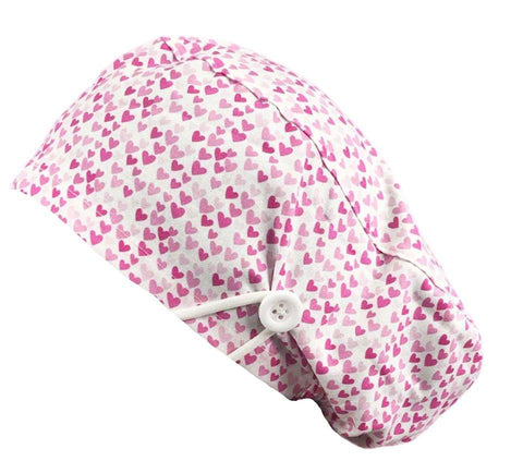 Long Hair Surgical Cap with with Buttons and Elastic Band - Hearts over White