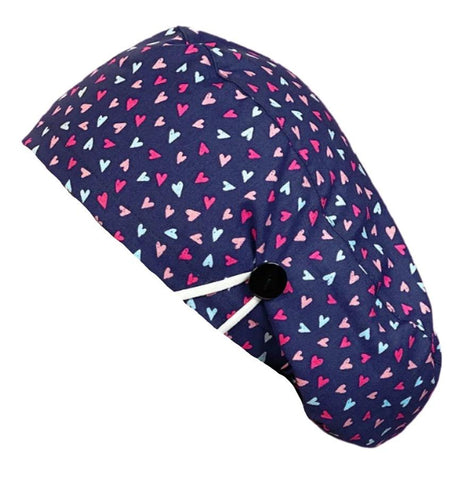 Long Hair Surgical Cap with with Buttons and Elastic Band - Navy Blue Hearts