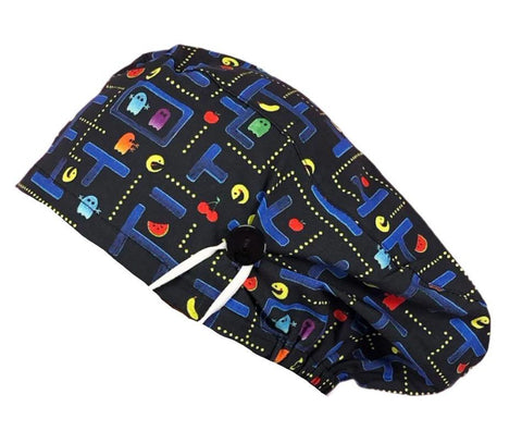 Long Hair Surgical Cap with with Buttons and Elastic Band - Pacman