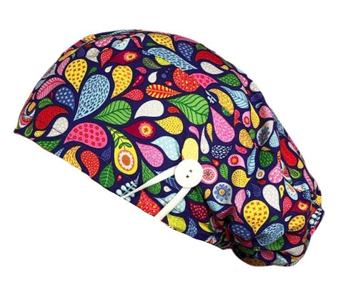 Long Hair Surgical Cap with with Buttons and Elastic Band - Paisley