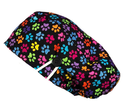 Long Hair Surgical Cap with with Buttons and Elastic Band - Paw Print