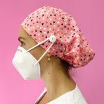 Long Hair Surgical Cap with with Buttons and Elastic Band - Strawberry Hearts