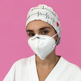 Long Hair Surgical Cap with with Buttons and Elastic Band - White Flutter