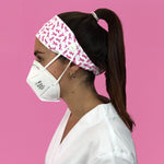 Headband Mask Holder with Buttons 100% Cotton Pink Bow - Breast Cancer