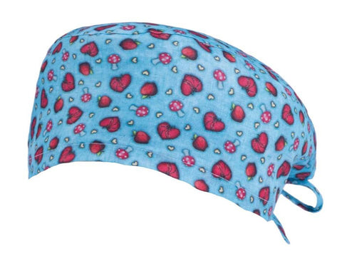 Short Hair Surgical Cap with Adjustable Laces - Hearts and Mushrooms