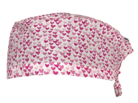 Short Hair Surgical Cap with Adjustable Laces - Hearts over White