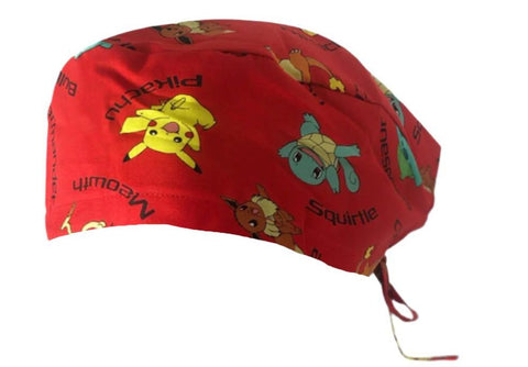 Short Hair Surgical Cap with Adjustable Laces - Red Pokemon