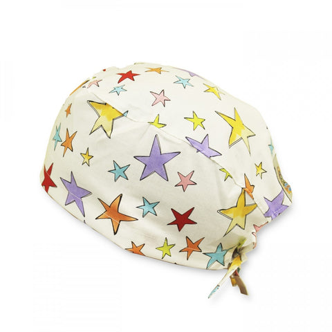 Short Hair Surgical Cap with Adjustable Laces - Stars in White