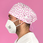 Short Hair Surgical Cap with with Buttons and Adjustable Laces - Pink Bow Breast Cancer