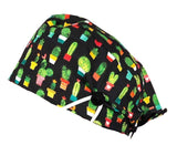 Short Hair Surgical Cap with with Buttons and Adjustable Laces - Cactus