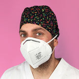 Short Hair Surgical Cap with with Buttons and Adjustable Laces - Coloured Musical Notes