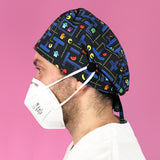 Short Hair Surgical Cap with with Buttons and Adjustable Laces - Pacman