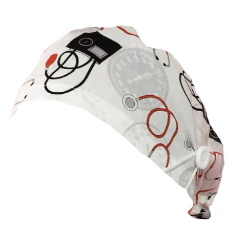 Short Hair Surgical Cap with with Buttons and Adjustable Laces - Stethoscope Printed