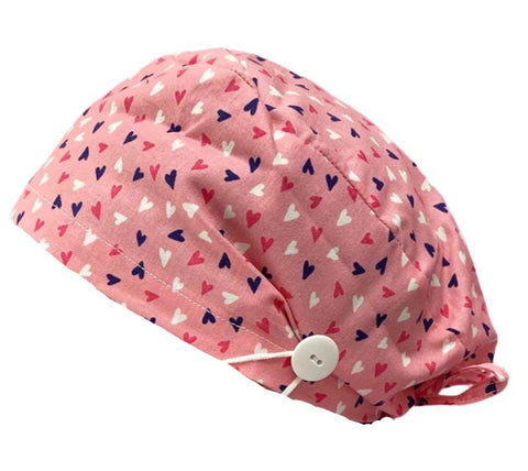 Short Hair Surgical Cap with with Buttons and Adjustable Laces - Strawberry Hearts