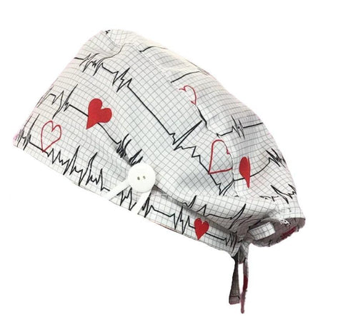 Short Hair Surgical Cap with with Buttons and Adjustable Laces - White Flutter