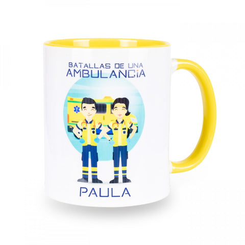 Personalised Custom Name Classic Mug Batallas de Una Ambulancia Yellow Ceramic Emergency Ambulance Staff